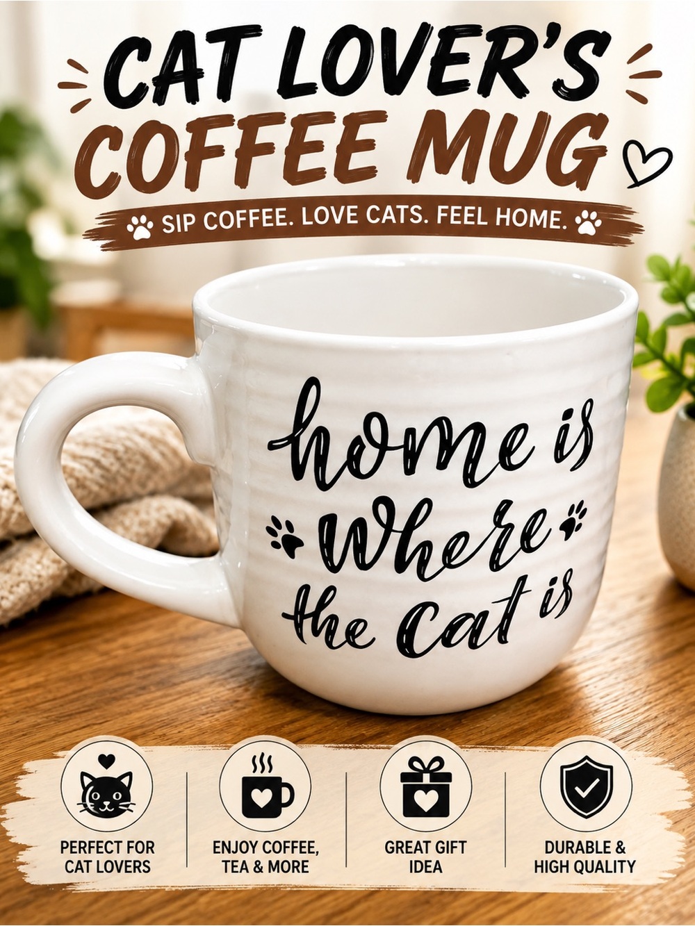 Home Is Where The Cat Is - White Cat Lover's Coffee Mug